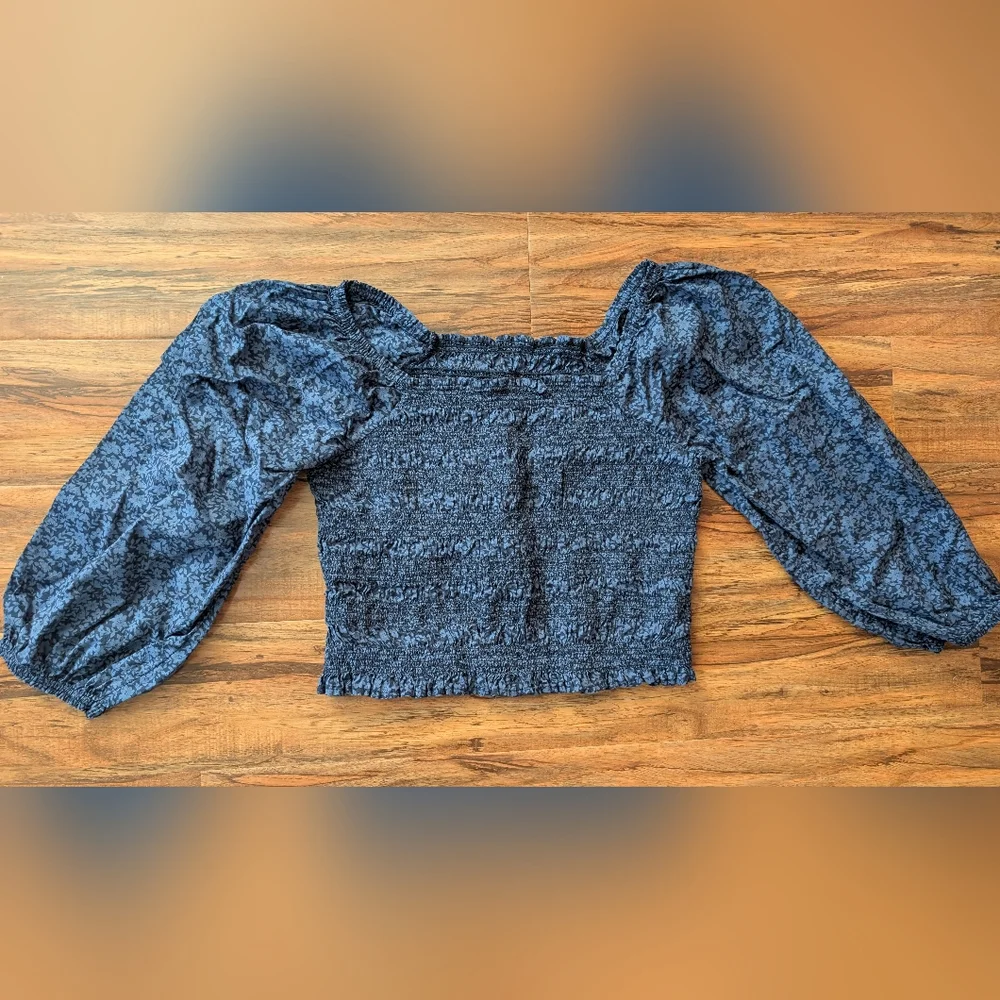 Blue Smocked Puff Sleeve Blouse - Picture 5 of 8